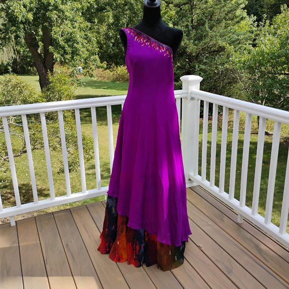 NAZILA COUTURE  size M Sequin Adorned One Shoulder Silk Chiffon Maxi Gown NWT - Picture 1 of 12